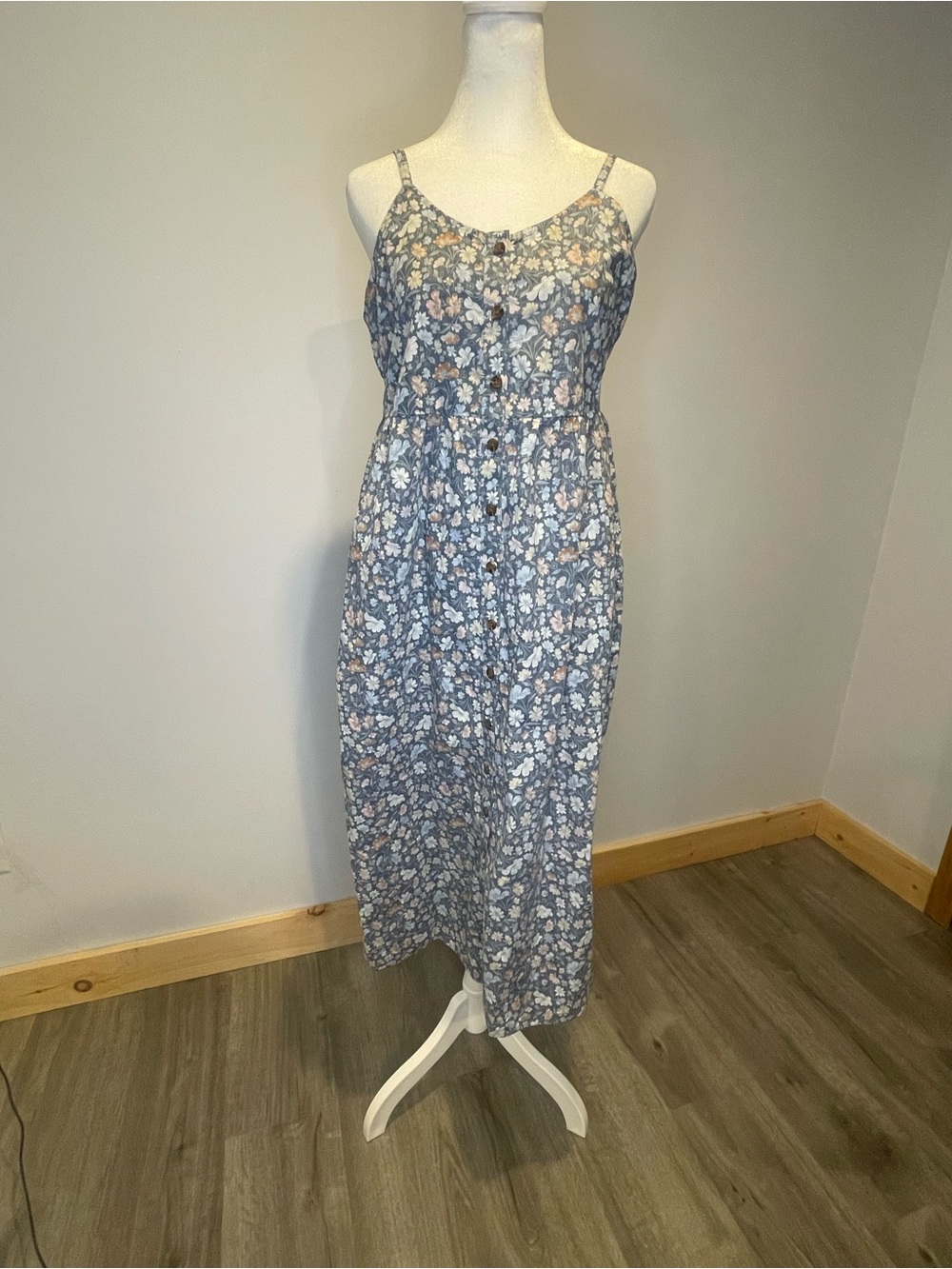 Boho, Natural Reflections Blue Floral Button-Front Cotton Maxi Dress